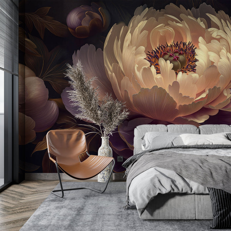 Luxury Cream Peony Floral Wall Mural, Elegant Purple Gold Flower Wallpaper for Living Room & Bedroom