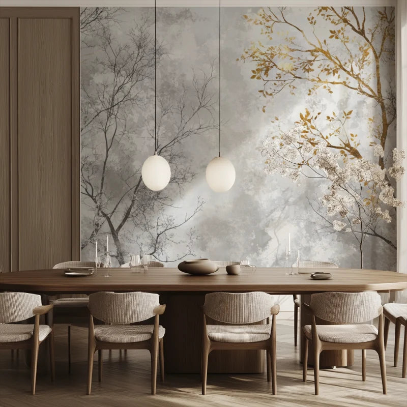 Gold and Grey Tree Branches Mural, Modern Minimalist Wallpaper