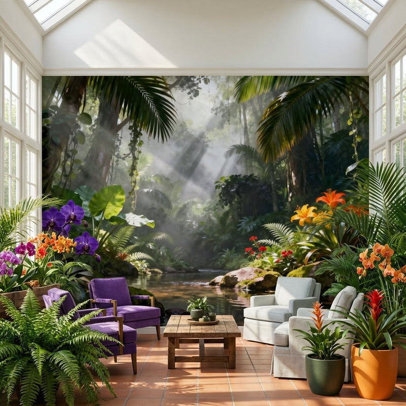 Misty Jungle Stream Wall Mural — Tropical Rainforest with Orange Lilies Wallpaper