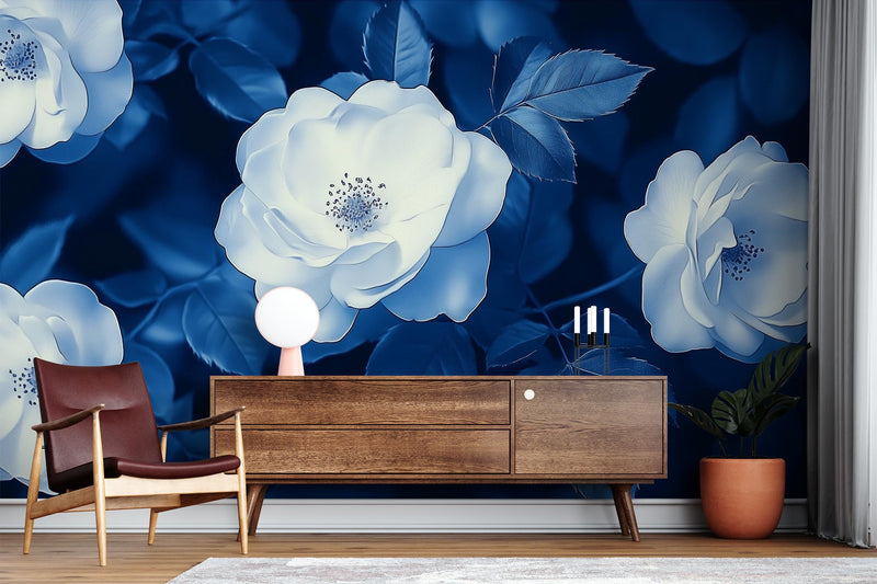 Cascading Ivory Dusty Blue Wisteria Wallpaper Mural | Soft Floral Peel and Stick