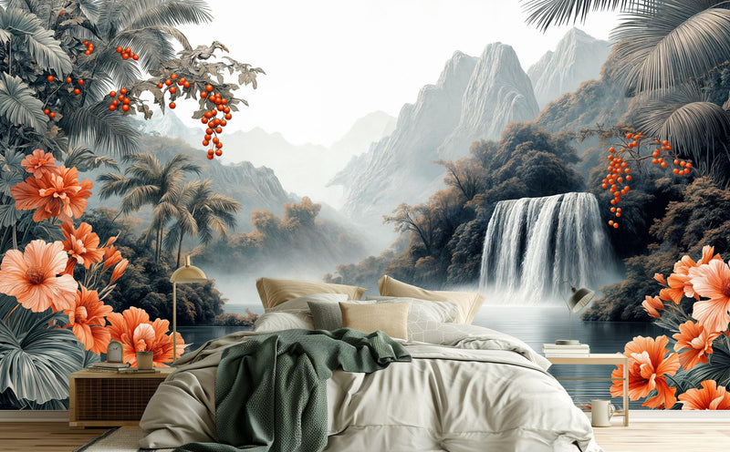 Vintage Tropical Waterfall Lake Wall Mural | Botanical Jungle Mountain Landscape Peel and Stick Wallpaper
