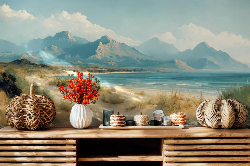 Oil Painting Coastal Mountain Beach Wall Mural | Neutral Boho Seaside Landscape Removable Wallpaper