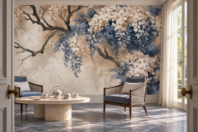 Cascading Ivory Dusty Blue Wisteria Wallpaper Mural | Soft Floral Peel and Stick