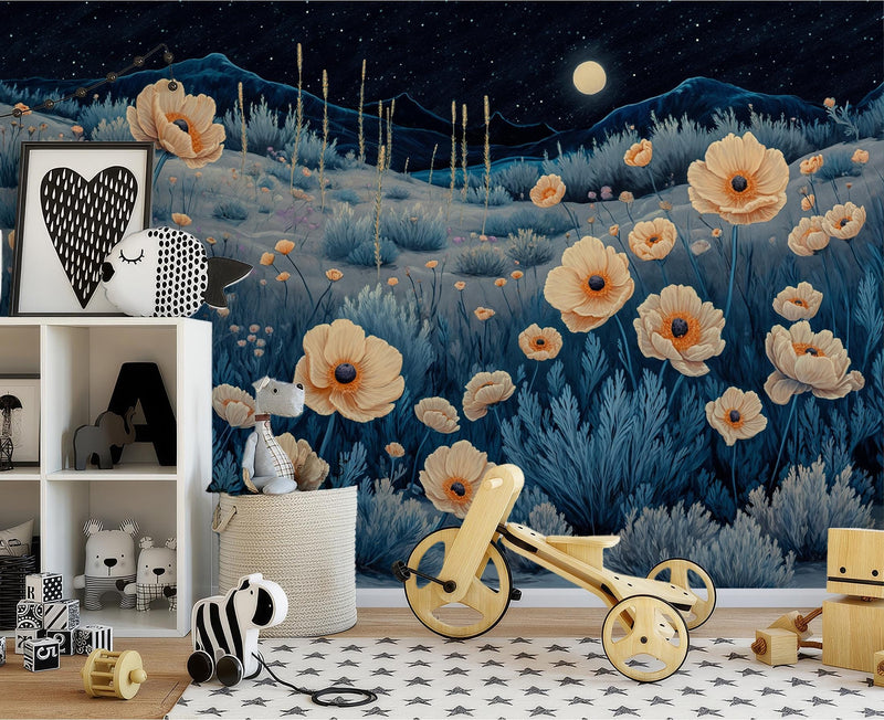 Moonlight Poppy Field Wall Mural | Night Sky Floral Landscape Peel and Stick Wallpaper