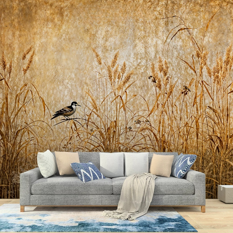 Vintage Golden Reed Grass Bird Wall Mural Wallpaper