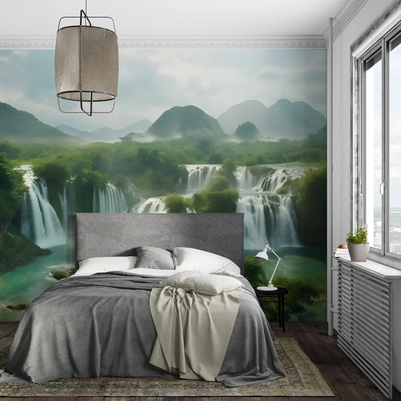 Tropical Waterfall Mountain River Wall Wallpaper, Green Scenic