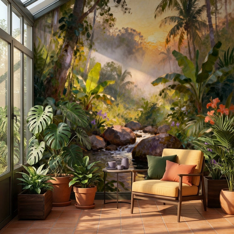 Oil Painting Tropical Sunset Wall Mural — Jungle Landscape with Palm Trees Wallpaper