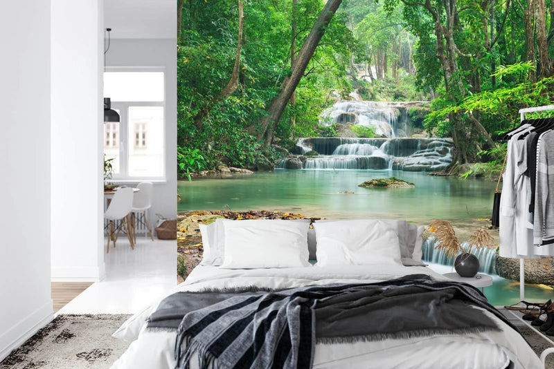 Green Jungle Waterfall Nature Scenic Wall Wallpaper