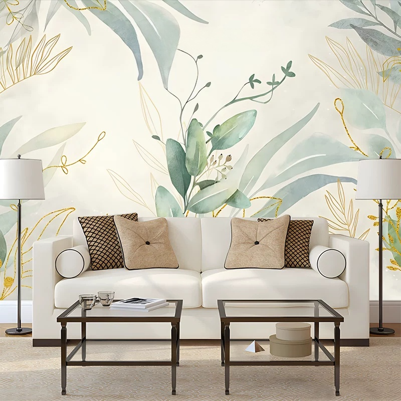 Modern Luxury Green Gold Watercolor Leaf  Wallpaper Mural