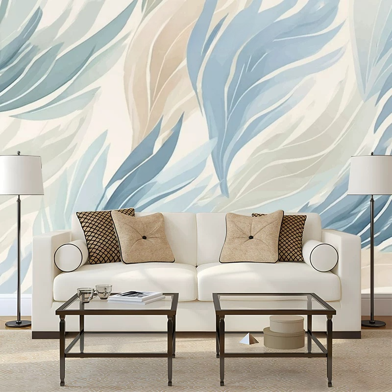 Blue Beige Abstract Watercolor Leaves  Feather Wall Mural Wallpaper