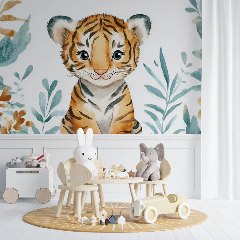 Cute Baby Tiger Head Watercolor Wall Mural, Kids Nursery Wallpaper
