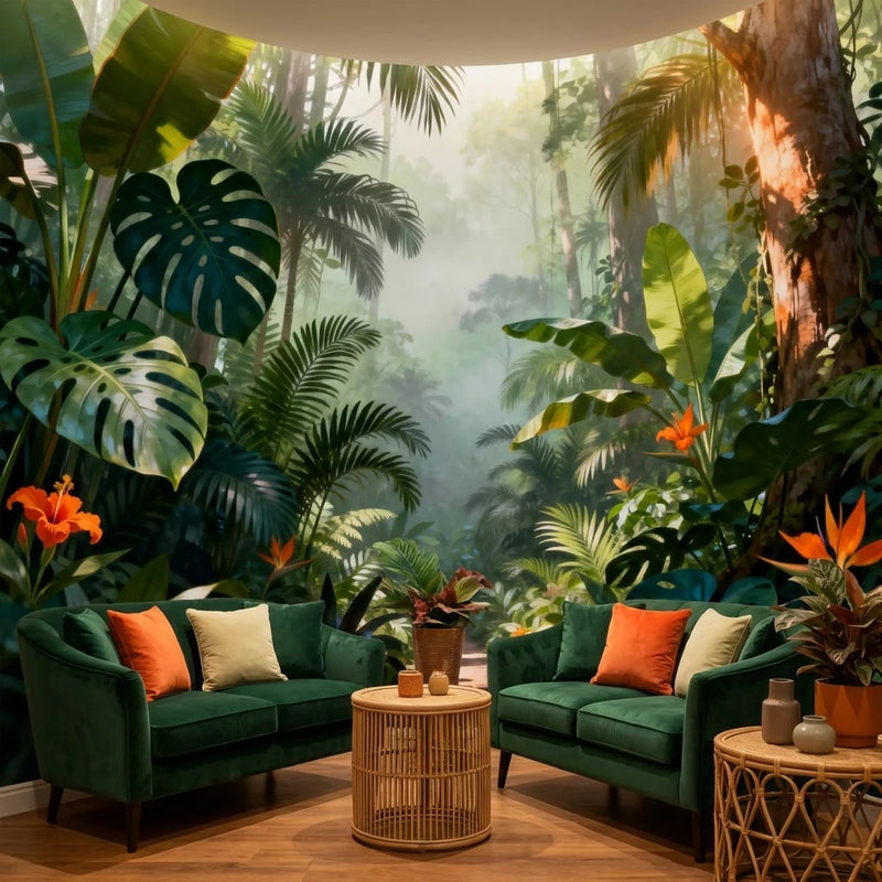 Tropical Monstera Jungle Wall Mural — Lush Rainforest with Bird of Paradise Wallpaper