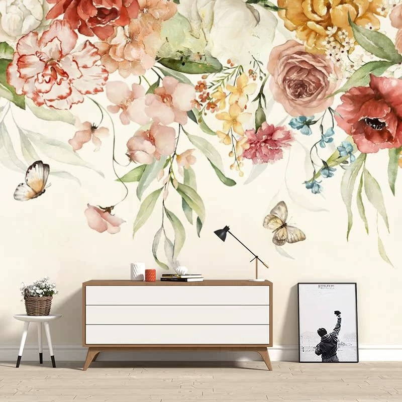Watercolor Peony Rose Floral Border Wall Mural Wallpaper
