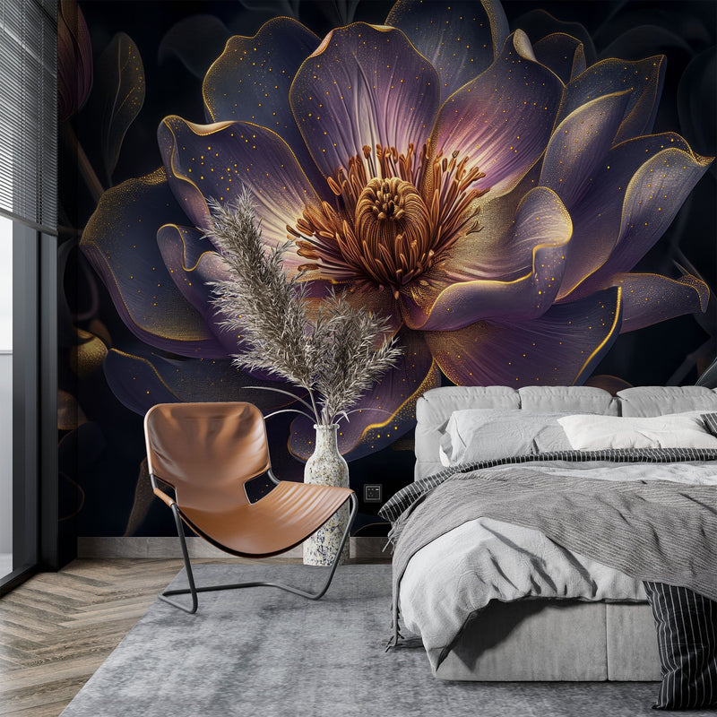 Dark Purple Luxury Floral Wall Mural, Gold Outline Peony Flower Wallpaper for Premium Wall Decor