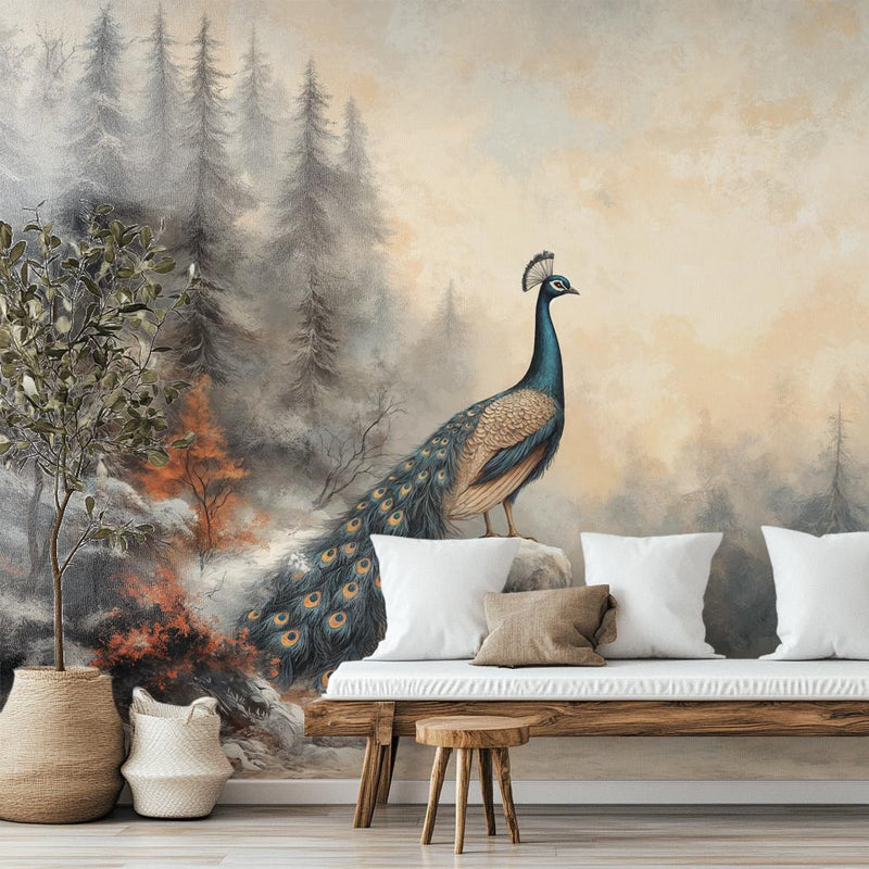 Winter Forest Peacock Wallpaper Mural | Symmetrical Coastal Pine Landscape Peel and Stick