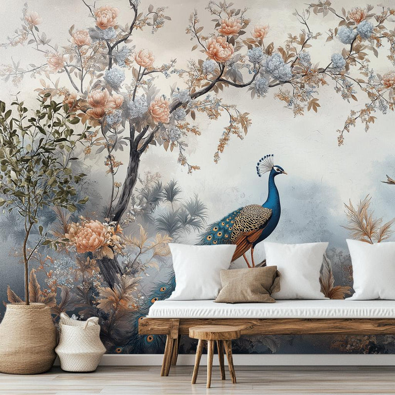 Chinoiserie Bird Floral Peacock Wallpaper Mural | Peach Blue Botanical Peel and Stick