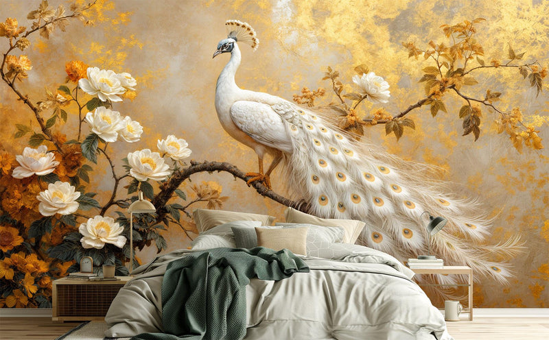 Golden White Peacock Floral Wallpaper Mural | Luxury Gold Botanical Peel and Stick Wall Art