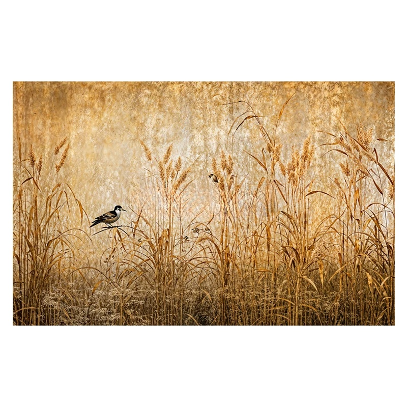 Vintage Golden Reed Grass Bird Wall Mural Wallpaper