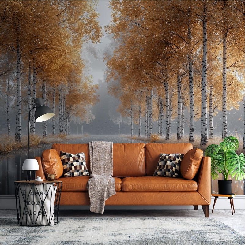 Autumn Birch Forest Reflection Wall Mural, Golden Fall Leaves Water Mirror Lake Wallpaper Mural