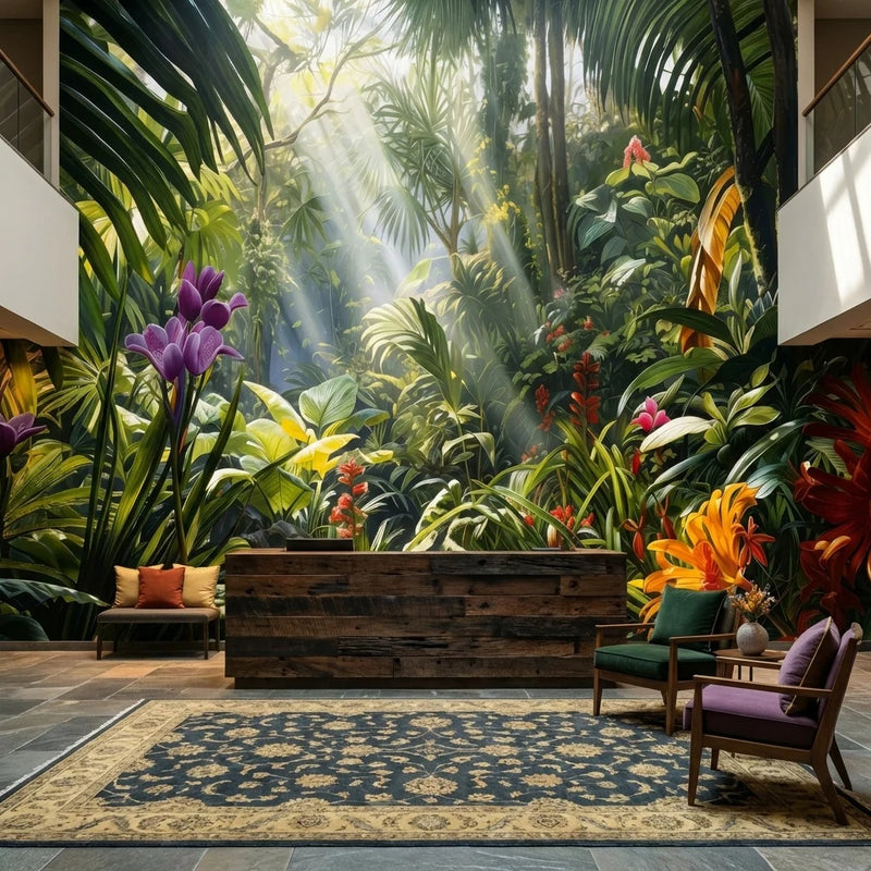 Sunlit Tropical Rainforest Wall Mural — Jungle Stream with Exotic Flowers Wallpaper