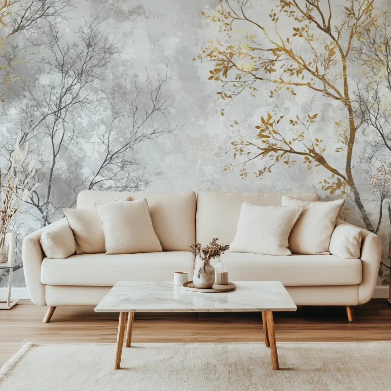 Gold and Grey Tree Branches Mural, Modern Minimalist Wallpaper