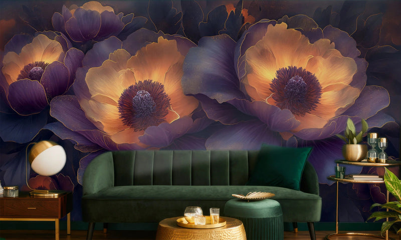 Purple Orange Gold Flower Wall Mural, Dramatic Luxury Floral Wallpaper for Modern Home Decor