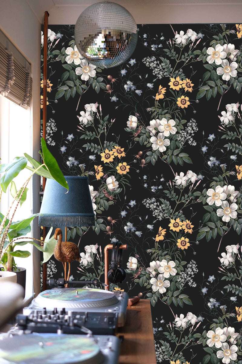 Chic Floral Black Botanical Wallpaper – Wildflower Rose and Sunflower Peel and Stick Wallpaper Mural