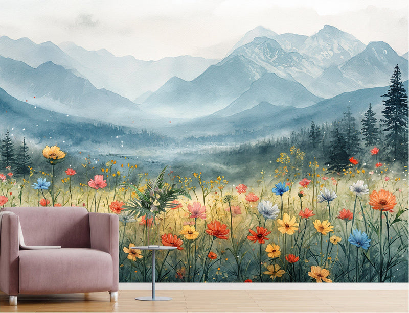 Watercolor Mountain Wildflower Valley Wall Mural | Chinese Ink Style Landscape Peel and Stick Wallpaper