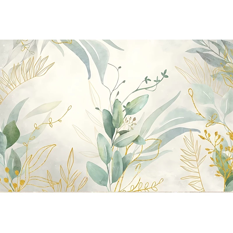 Modern Luxury Green Gold Watercolor Leaf  Wallpaper Mural