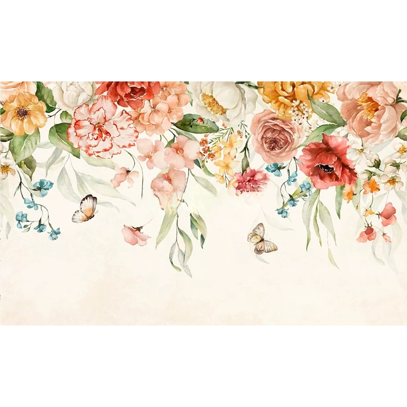 Watercolor Peony Rose Floral Border Wall Mural Wallpaper