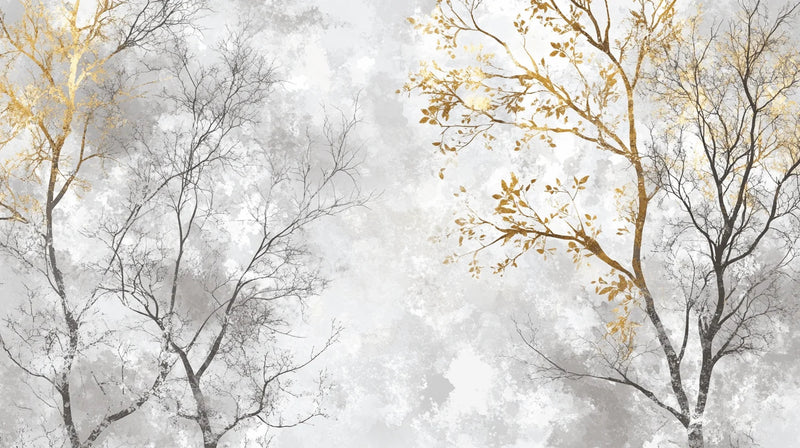 Gold and Grey Tree Branches Mural, Modern Minimalist Wallpaper
