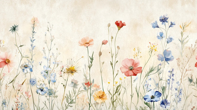 Watercolor Wildflower Meadow Border Wall Mural wallpaper