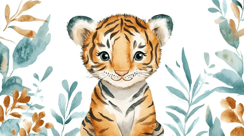 Cute Baby Tiger Head Watercolor Wall Mural, Kids Nursery Wallpaper