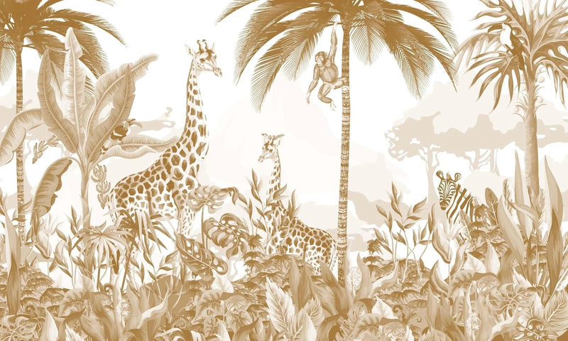 Brown Tone Jungle Giraffe & Monkey Wallpaper