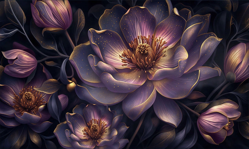 Dark Purple Luxury Floral Wall Mural, Gold Outline Peony Flower Wallpaper for Premium Wall Decor