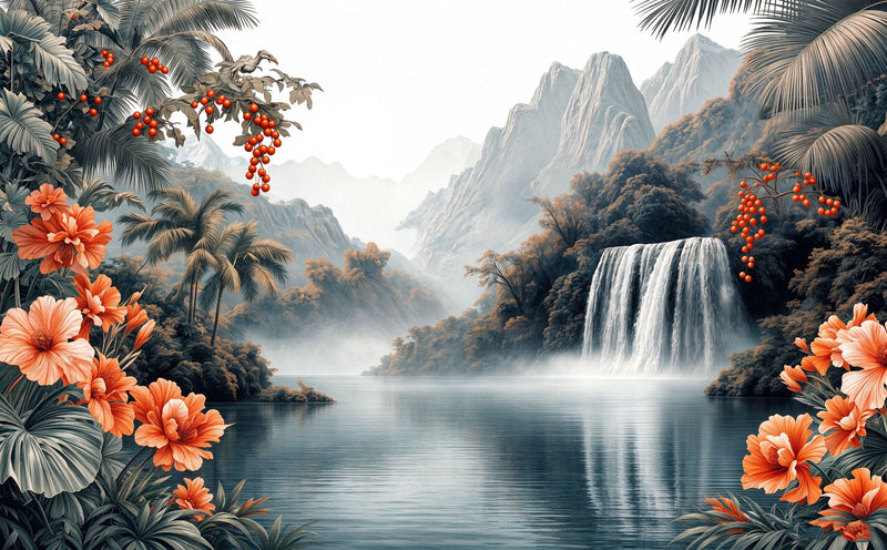 Vintage Tropical Waterfall Lake Wall Mural | Botanical Jungle Mountain Landscape Peel and Stick Wallpaper