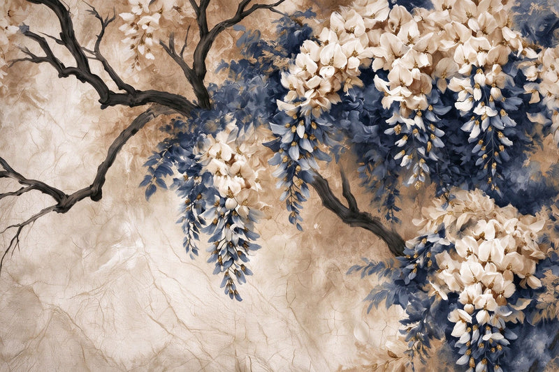 Cascading Ivory Dusty Blue Wisteria Wallpaper Mural | Soft Floral Peel and Stick