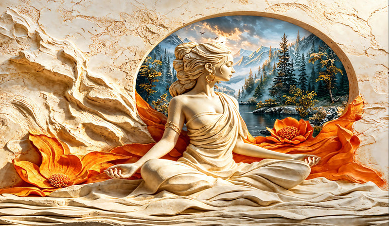 3D Lotus Mountain Buddha statue Wallpaper