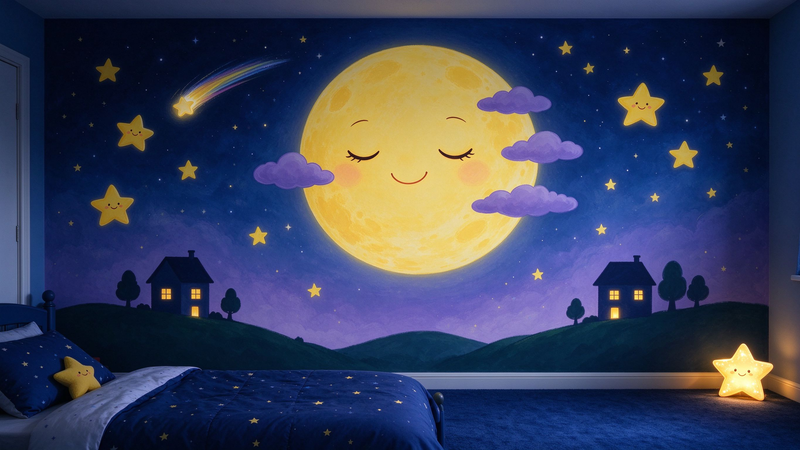Sleepy Moon Stars Kids Wall Mural, Night Sky Nursery Wallpaper
