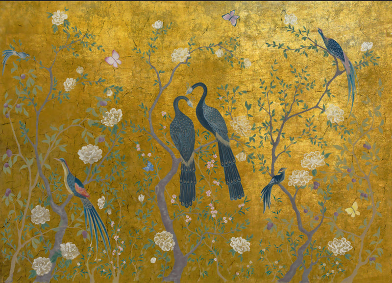 Luxury Retro Gold Bird Garden Wallpaper Mural