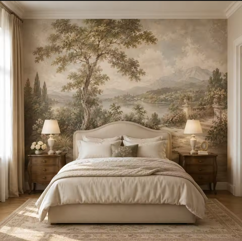Vintage Trees and Botanical Mural, Beige Landscape Wallpaper