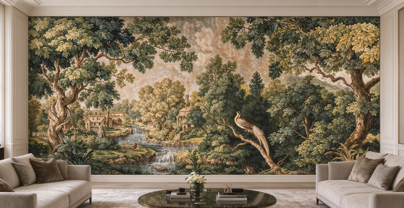 Vintage Forest Castle Oil Painting Tree Wallpaper