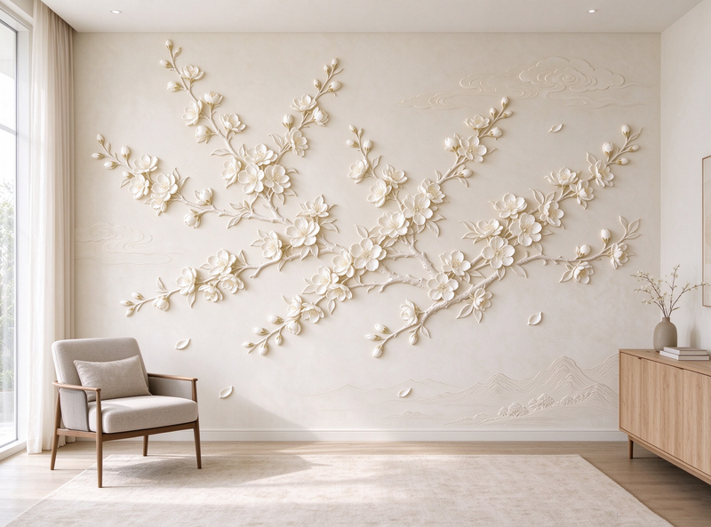 3D Relief Plum Blossom Branch Wall Mural | Beige Textured Cloud Landscape Wallpaper