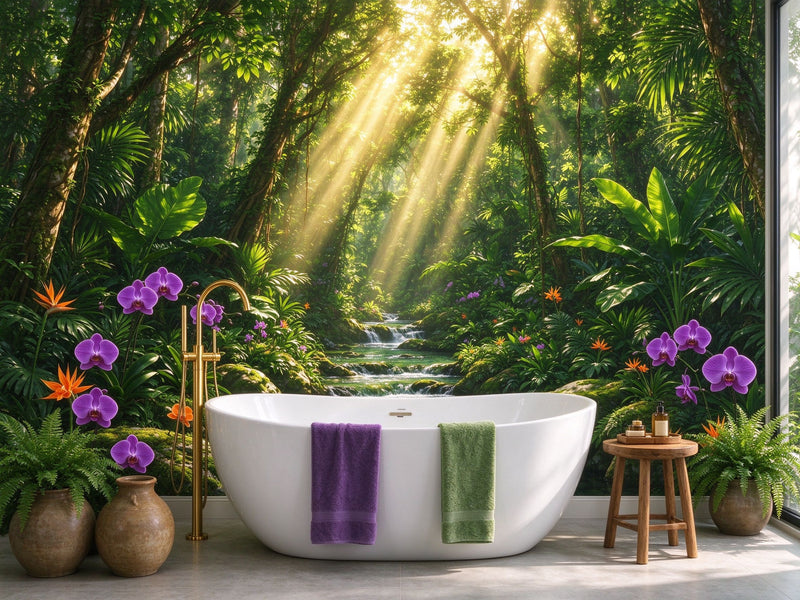 Sunlit Tropical Rainforest Wall Mural — Jungle Stream with Exotic Orchids Wallpaper