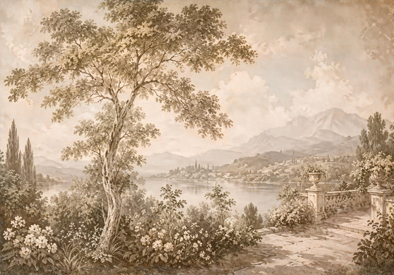 Vintage Trees and Botanical Mural, Beige Landscape Wallpaper