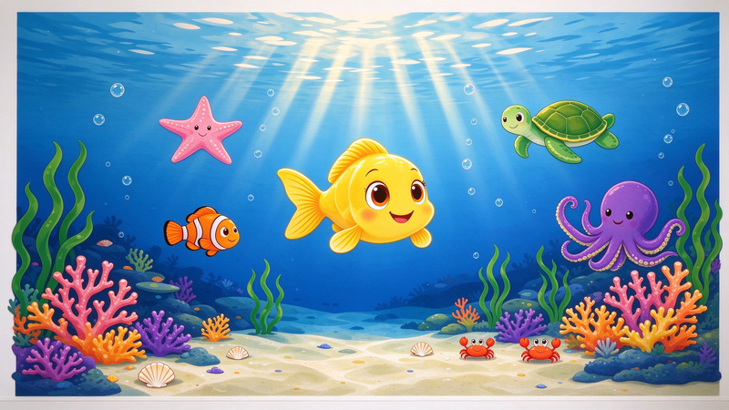 Cartoon Underwater Sea World Kids Wall Mural, Ocean Fish Nursery Wallpaper