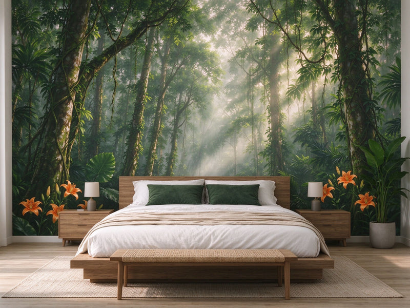 Misty Jungle Stream Wall Mural — Tropical Rainforest with Orange Lilies Wallpaper