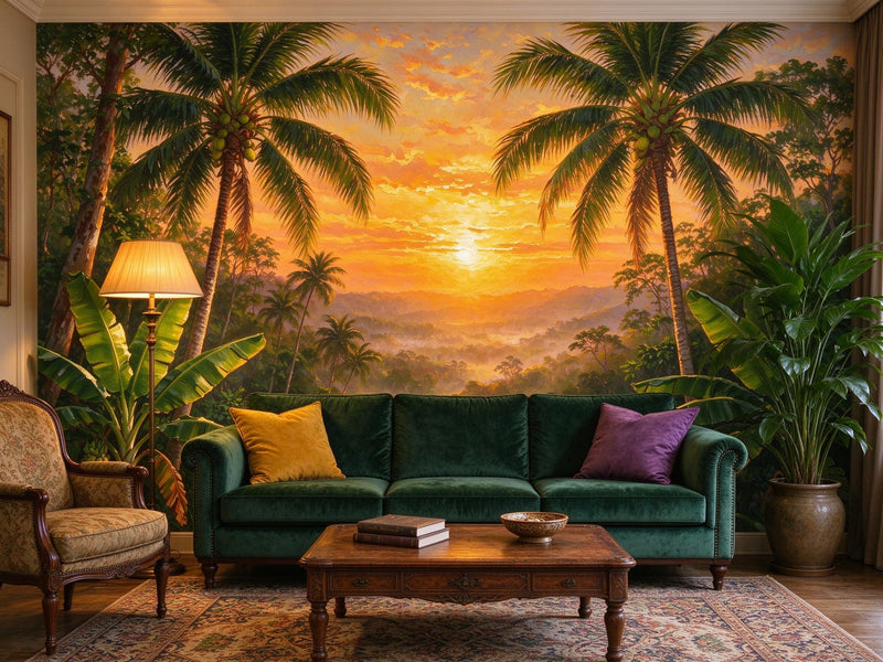 Oil Painting Tropical Sunset Wall Mural — Jungle Landscape with Palm Trees Wallpaper