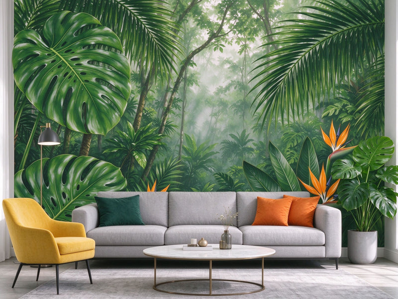 Modern Tropical Monstera Wall Mural — Lush Jungle with Bird of Paradise Wallpaper