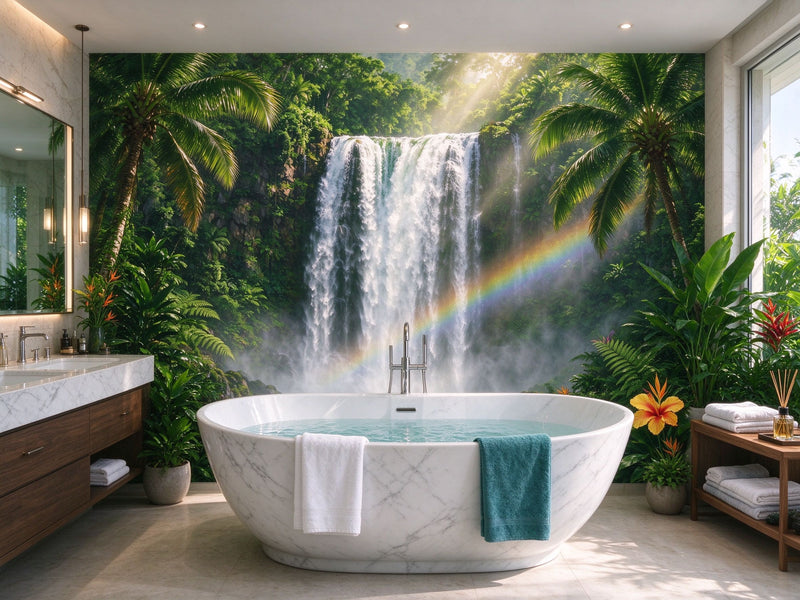 Tropical Waterfall Wall Mural — Rainbow Jungle Rainforest with Palm Trees Wallpaper